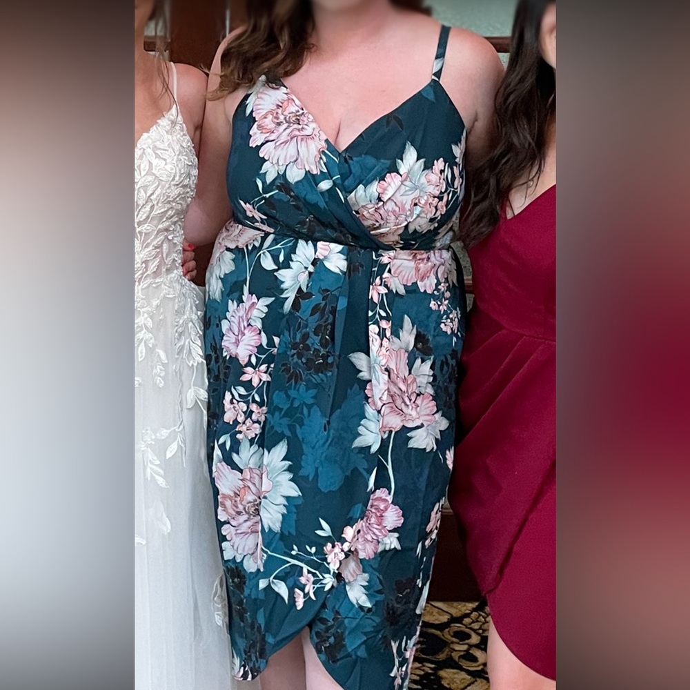 Floral Wrap Midi Dress in Teal with Pink Blooms